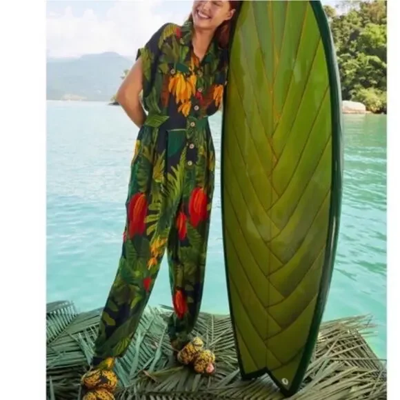 Farm Rio Cocoa Forest Jumpsuit Romper Size: Large Tropical Beach Vacation - Picture 10 of 11